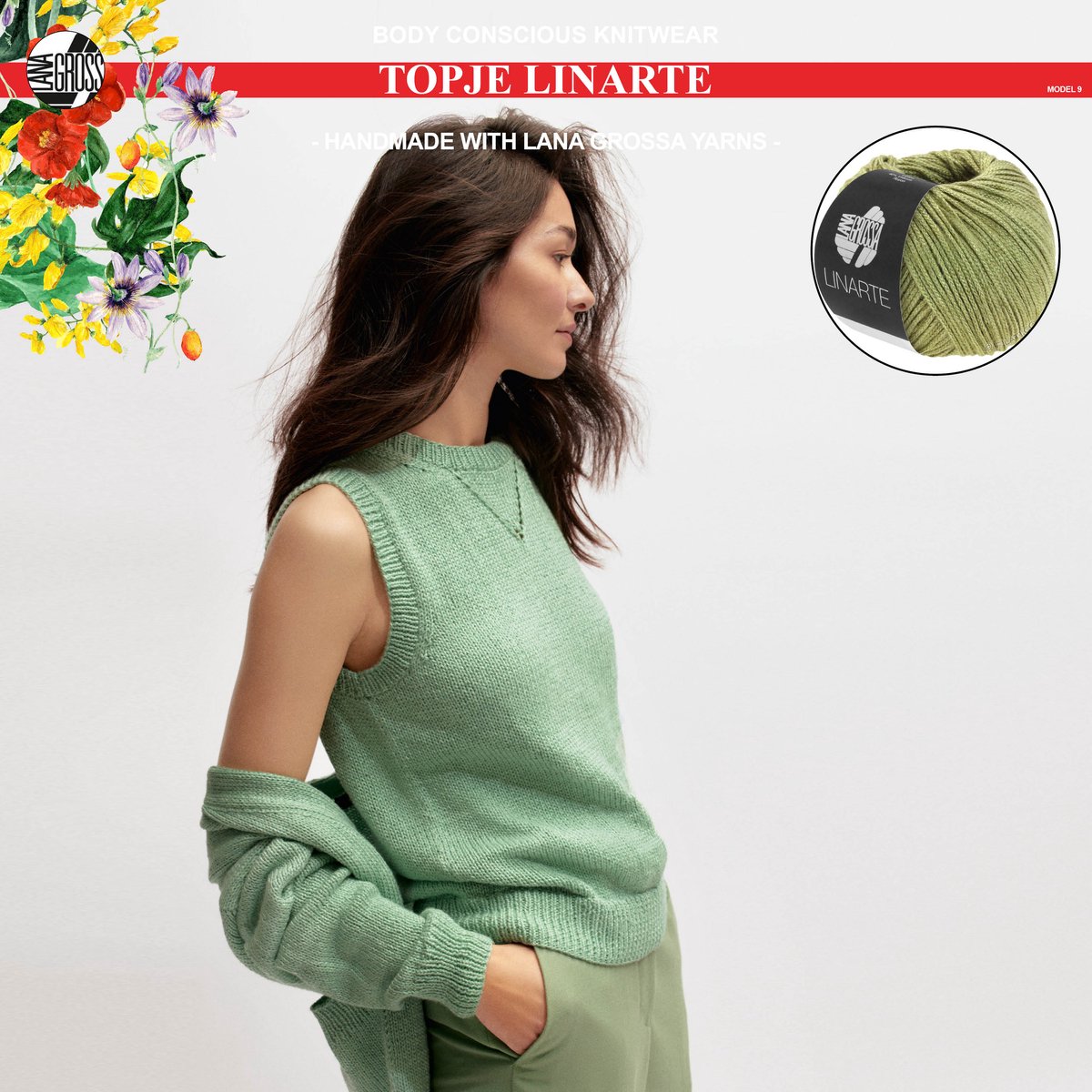 Breipakket top mt. 40/42 en 44 met Linarte garen model 9 van Lana Grossa Classici 24-kleur olijf
