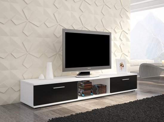 TV meubel - Sella - Wit mat + Zwarte glans - 175x23x38 cm