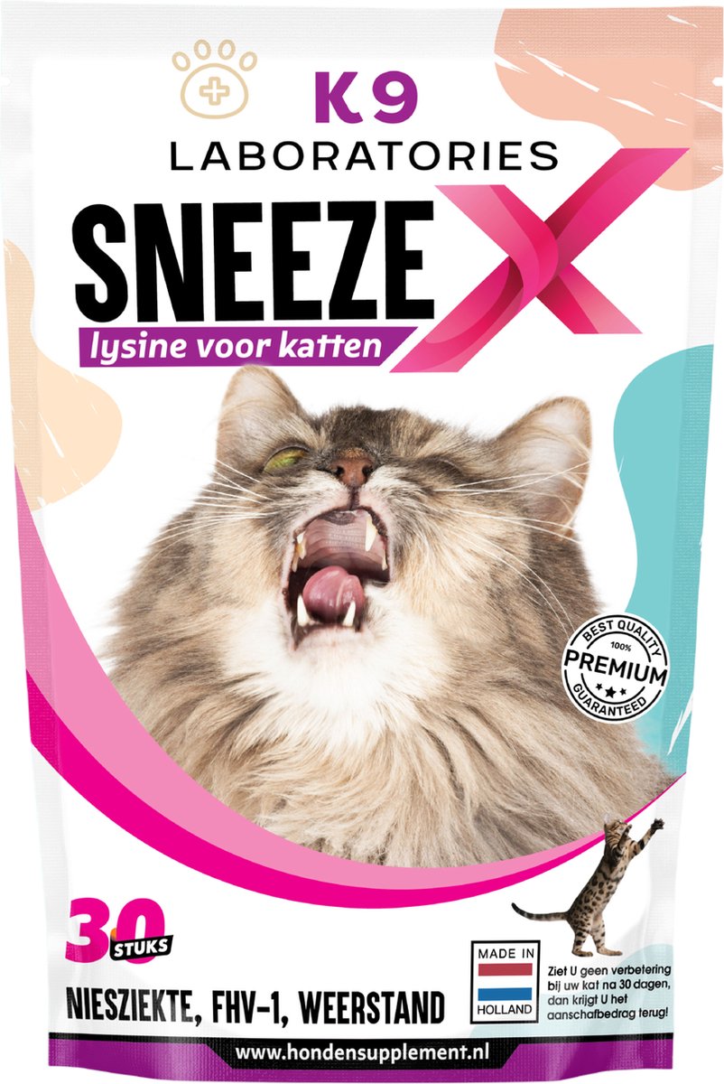 Sneeze X - Voedingssupplement voor katten - Bij niesziekte - FHV-1 - L-lysine - 30 stuks - Weerstand kat - K9 laboratories