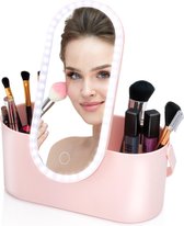 Organisateur de Maquillage Touch Of Beauty avec Miroir LED - Trousse de Beauté de Voyage - 24,1 x 10,4 x 11,7CM - Lumière LED Réglable - Incl. Câble de Recharge USB - Plastique - Rose