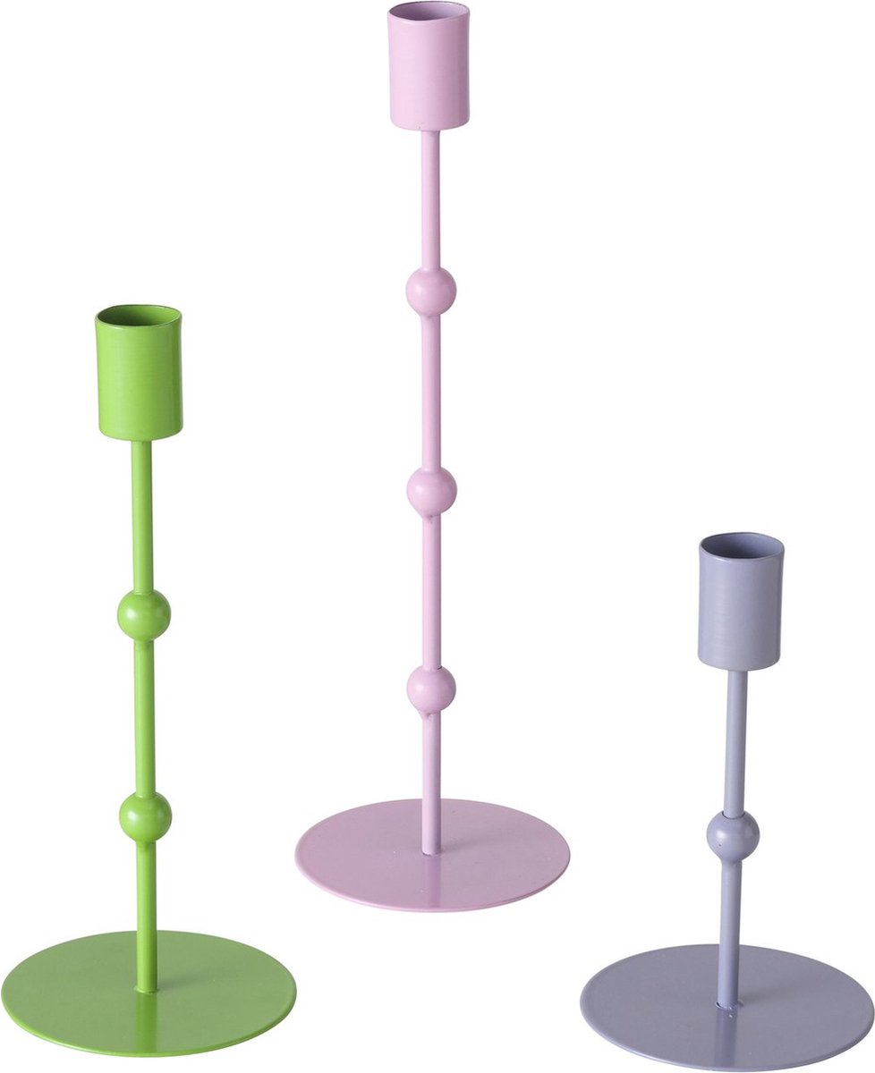 Boltze Set van 3 moderne metalen kandelaars groen-grijs-roze