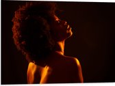 Dibond - Vrouw met Afro en Oranje Gloed op Lichaam - 80x60 cm Foto op Aluminium (Met Ophangsysteem)