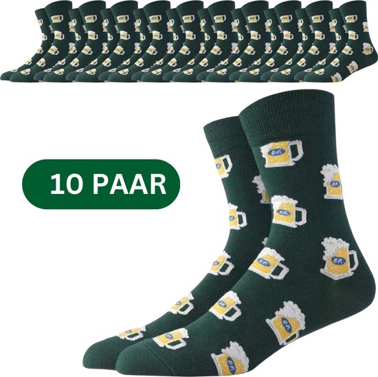 Sokken met Bierpullen - 10 paar - Grappige Sokken Groen met Bier - Maat 38-43 - Oktoberfest/Barman/Dames/Heren