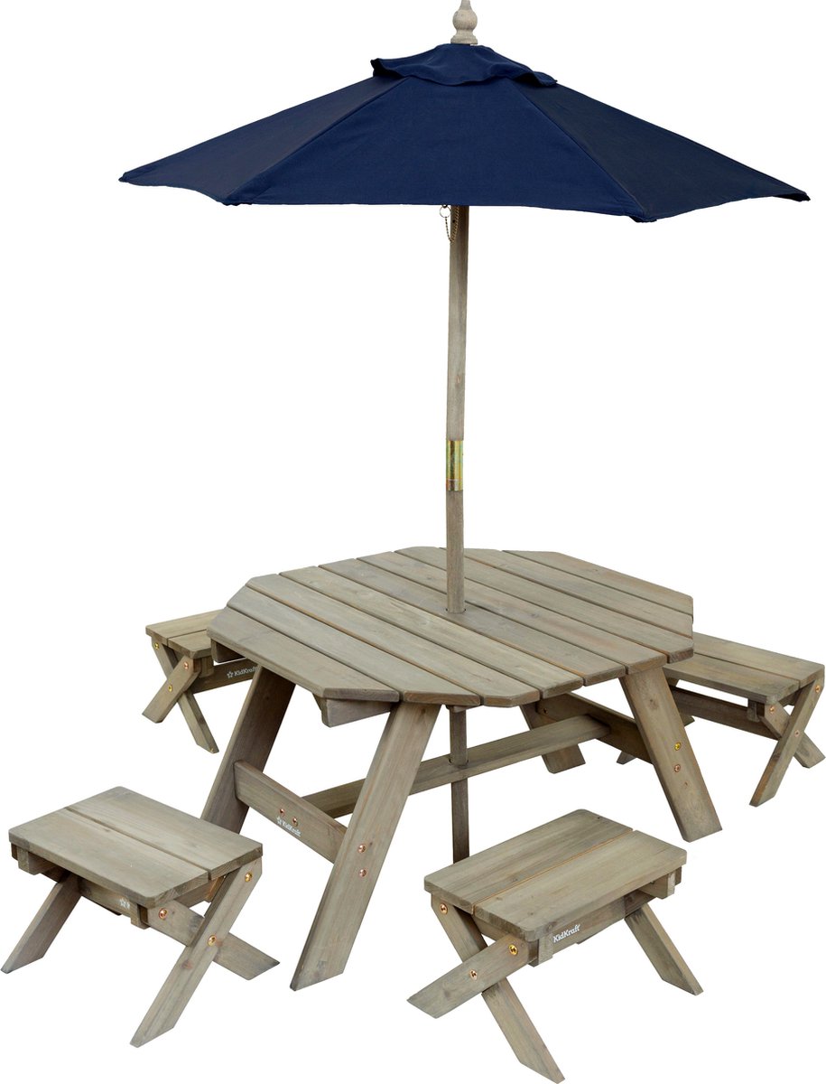 KidKraft Octagon Table, Stools & Umbrella Set - Barnwood Gray & Navy