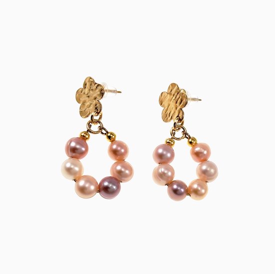 Boucles d'oreilles Longues Femme - Acier Inoxydable Plaqué Or - Perle d'Eau Douce - Boucles d'oreilles Bloem avec Pendentif Rond