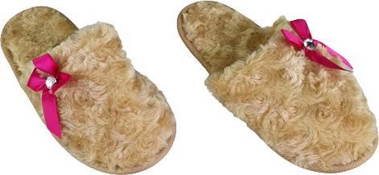 Pantoffels Slippers Met Roze Boog - Lichtbruin - Maat 37