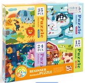 MiDeer - 4 in1 puzzels in een mooie geschenkdoos -  12 + 16 + 24 + 35 puzzel - Dieren: Boerderij - Antarctica - Jungle - Bos - Kinderpuzzel - Educatief speelgoed voor kinderen