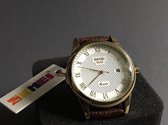 Klassiek Unisex Horloge Goudkleurig- Horlogeband Bruin Leer- mooie Giftbox