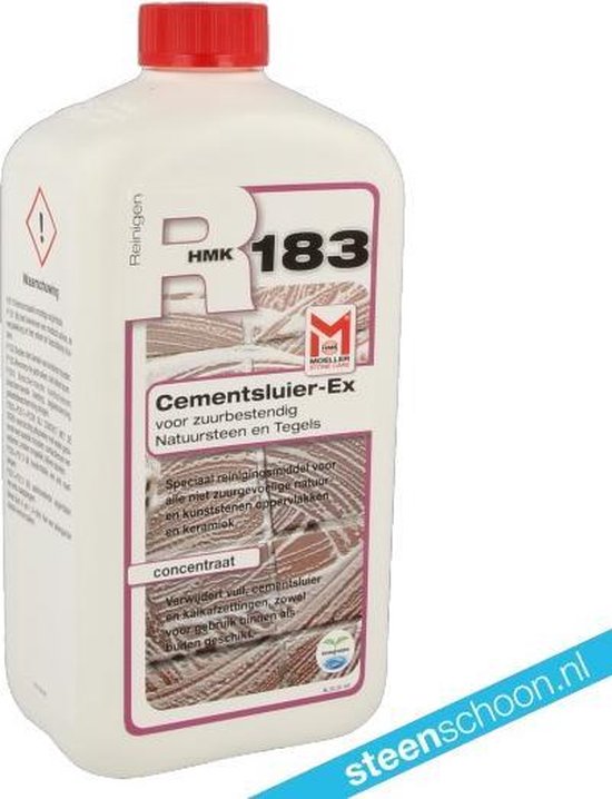 Witte fles met rode dop, HMK R183 Cementsluier-Ex voor natuursteen en tegels. Met waarschuwingssymbool.