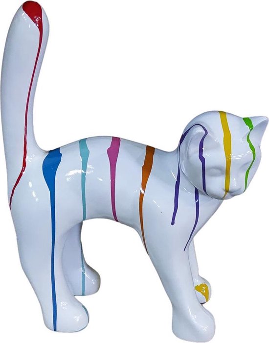 Polyester tuinbeeld kat, poes staart omhoog 45cm hoog voor binnen Wit met... bol.com