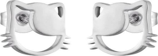Aramat jewels ® - Zweerknopjes oorbellen poes zilverkleurig chirurgisch staal 10mm x 7mm