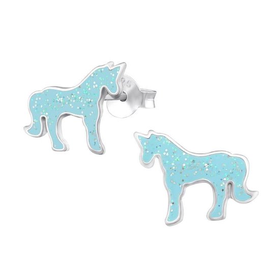 Kinder oorbellen unicorn - eenhoorn - 925 zilver - glitter - blauw - 12x9mm