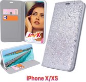 EmpX.nl Apple iPhone iPhone X/XS Boekhoesje Zilver Glamour case | Siliconen | Glitter hoesje | Telefoonhoesje | Cadeau | bling bling case