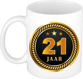 21 jaar jubileum/ verjaardag mok medaille/ embleem zwart goud - Cadeau beker verjaardag, jubileum, 21 jaar in dienst