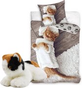 Dekbedovertrek Poes met Trui-1persoons-140x200-dekbed Kat, incl. pluche knuffel poes 22cm lang