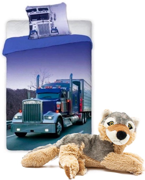 Dekbedovertrek vrachtwagen 1 persoons, incl. pluche knuffel speelgoed, 36 | bol.com