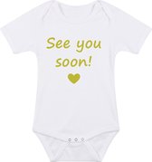 Baby rompertje met leuke tekst | See you soon! |zwangerschap aankondiging | cadeau papa mama opa oma oom tante | kraamcadeau | maat 80 wit goud