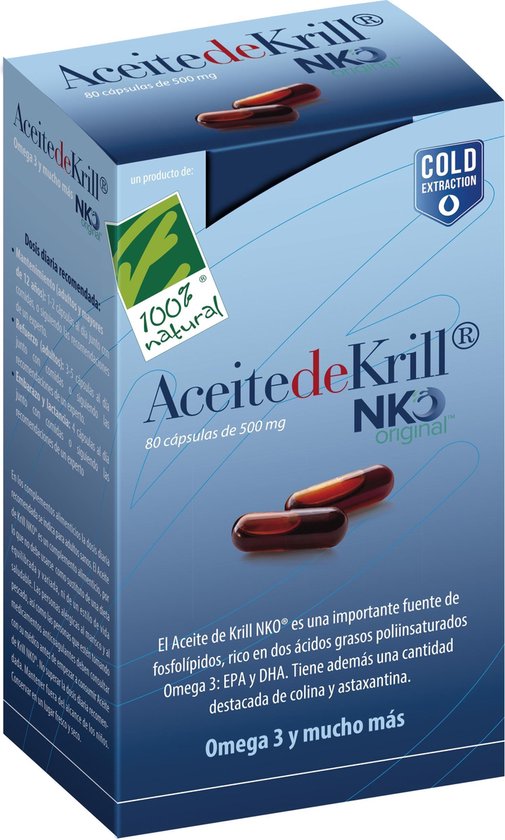 Doos met 80 capsules van 500 mg Aceite de Krill NK® original. Twee rode capsules liggen op de doos.