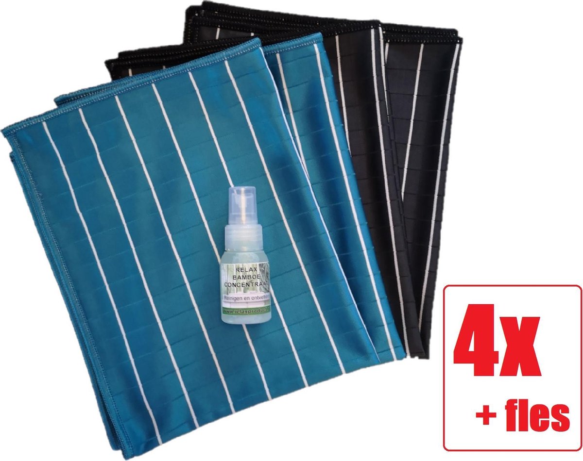 Goedkoopste Bamboe Glasdoek - Glasdoeken - Microvezeldoek - Zeem - Droogdoek - Zeem - Ramendoek - Keukendoek - Wonderdoek - Streeploos schoonmaken - 4 STUKS blauw -zwart Bamboe Concentraat