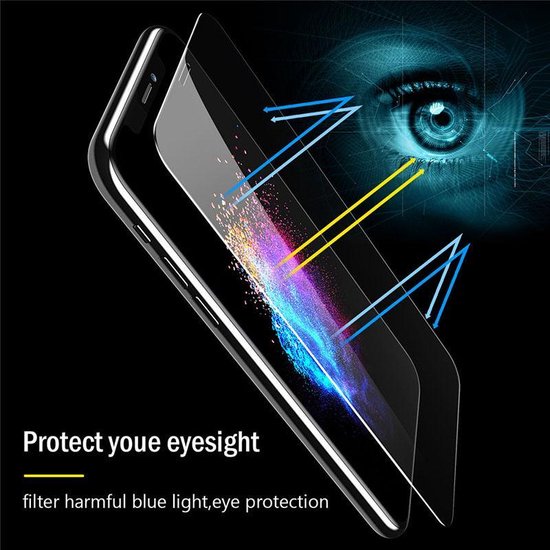 Een close-up van een smartphone met een screenprotector, waarbij blauwe lichtstralen worden gefilterd.