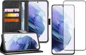 Samsung S21 Plus Hoesje - Samsung Galaxy S21 Plus Book Case Leer Wallet Zwart + Samsung S21 Plus Screenprotector Glas Full Screen Protector