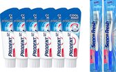 6 x Prodent Cool Mint Tandpasta +  2x tandenborstels soft -blauw