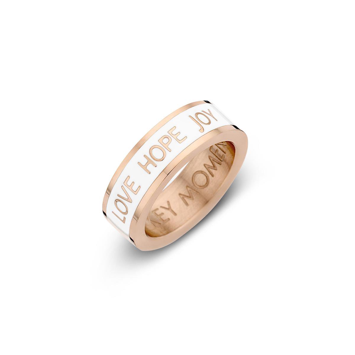 Key moments 8KM-R0006-50 Stalen Ring - Dames - Wit - Emaille - LOVE HOPE JOY - Maat 50 - Staal - Cadeau - Roségoudkleurig plating