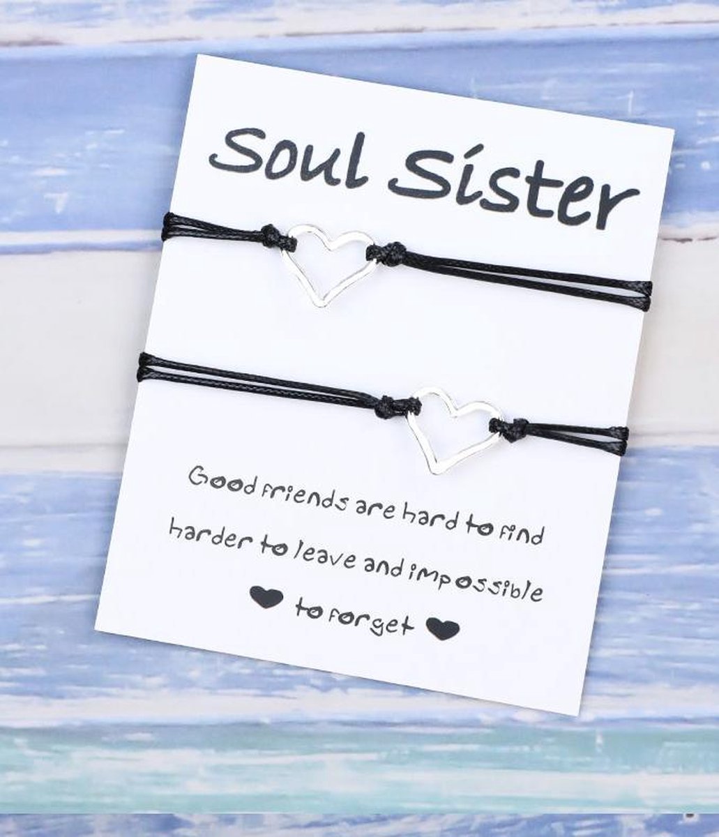 Sisters armband - soul sister - 2 stuks - zwart - hanger hartjes - vrienden  - vriendschap | bol