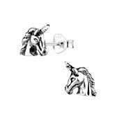 Joy|S - Zilveren unicorn oorbellen - geoxideerd - eenhoorn 8 x 9 mm
