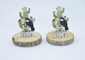 set van 2 zomer decoraties op boomschijfje, toekan 8 x Ø 10 cm