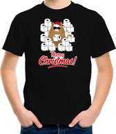 Fout Kerstshirt / Kerst t-shirt met hamsterende kat Merry Christmas zwart voor kinderen- Kerstkleding / Christmas outfit S (110-116)