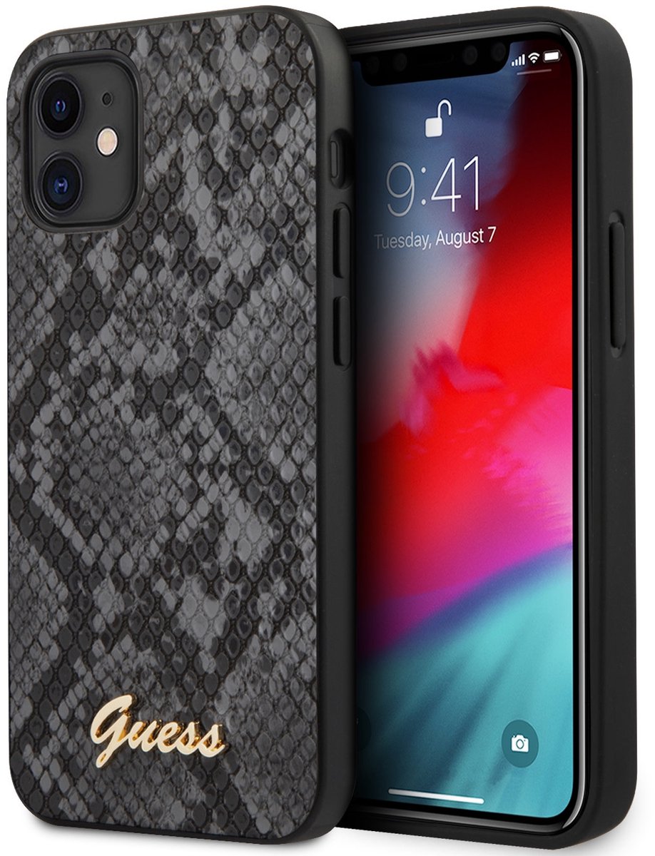 iPhone 12 Mini Backcase hoesje - Guess - Slangenprint Zwart - Kunstleer