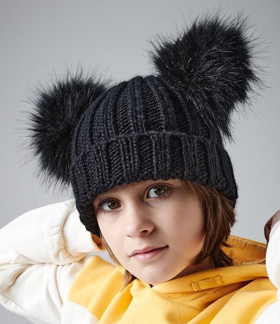 Bonnet enfant imitation fourrure | Noir | hiver | bonnet épais pompon enfant  | noir |... | bol.com