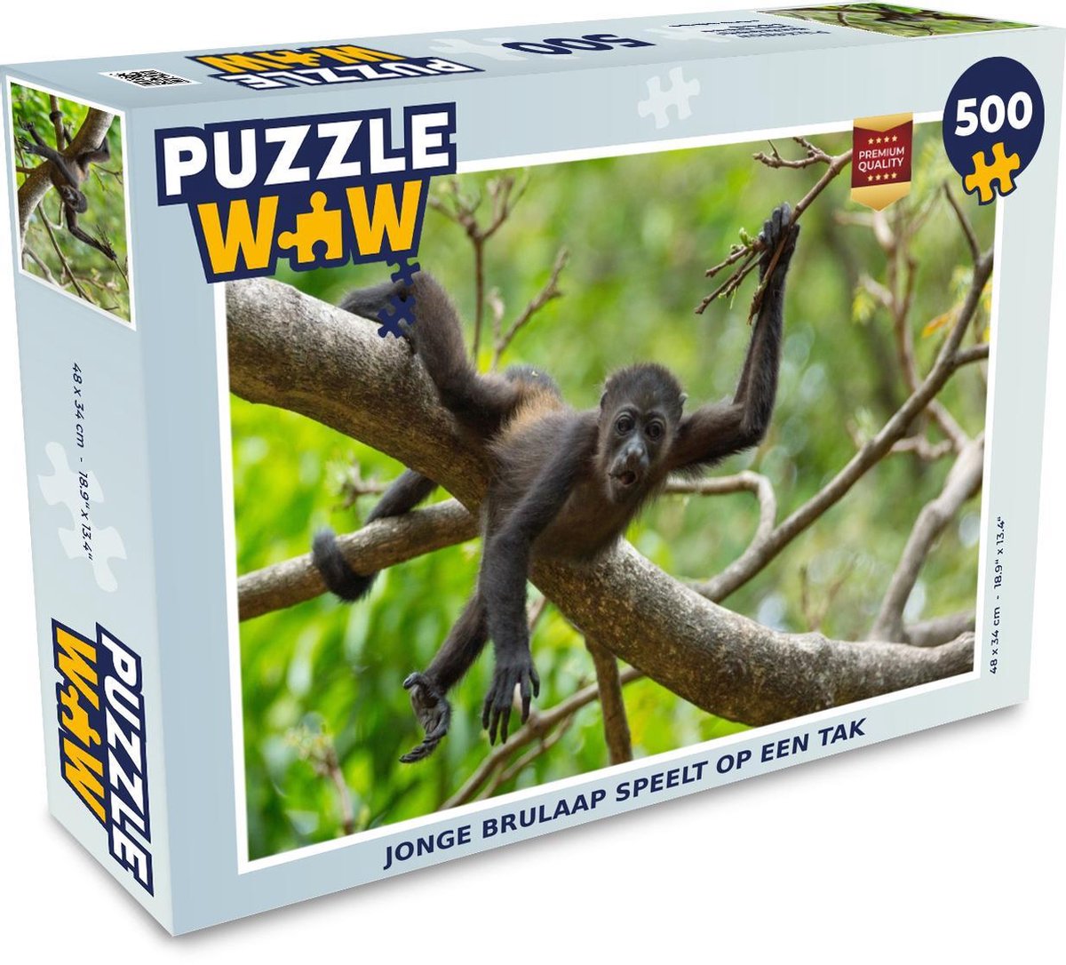 Afbeelding van product Puzzel 500 stukjes Brulaap - Jonge brulaap speelt op een tak puzzel 500 stukjes - PuzzleWow heeft +100000 puzzels
