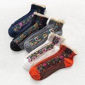 Dames Sokken - 5 Paar - Set - Rood - Orange / Zwart / Grijs / Wit / Marineblauw - Vintage - Fleurige Bloemen -  Maat 36-41 - Comfortabel & Duurzaam