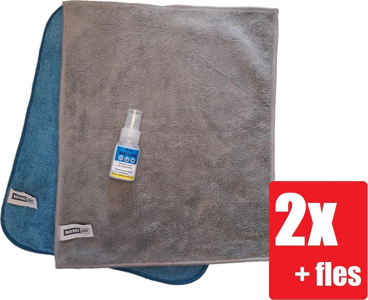 Goedkoopste Nanodoekje - Nanodoek - Nanodoekjes - Nanohandschoen - Schoonmaakdoek - Microvezeldoek - 2 Stuks Grijs en Blauw Relax flesje Nano Liquid