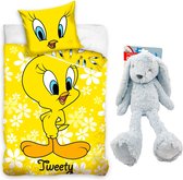 Looney Tunes-Dekbedovertrek Tweety- Ledikant 100x135cm - katoen, incl. grote knuffel konijn 37 cm blauw