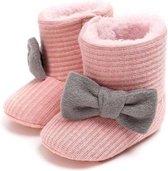 Babyslofjes - Baby Slofjes Meisjes - Roze - Met Grijs Strikje - Maat 21 - 12-18 maanden