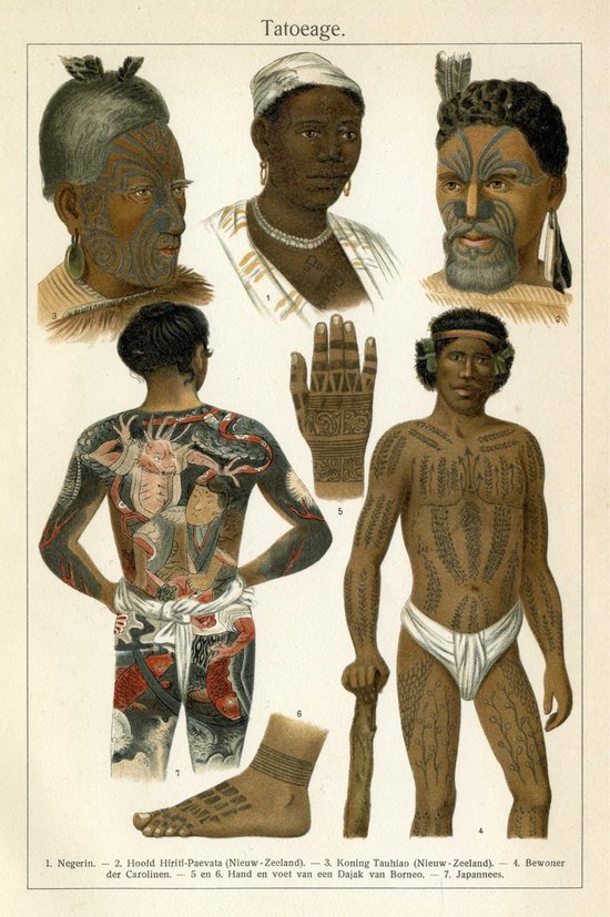 Tatoeage, mooie vergrote reproductie van een oude plaat met verschillende tattoo's bij verschillende volken uit ca 1910