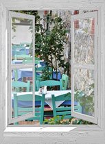 Tuinposter - 95x130 Cm - Openslaand Wit Venster - Griekse Taverna - Doorkijk - Tuindecoratie - Tuindoek - Tuin Decoratie - Tuinposters Buiten - Tuinschilderij