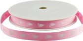 Geboorte Baby Lint 10mm (1cm) | Grosgrain Ripsband | Geboorte Meisje |  Baby Voetjes Roze Wit |  Rol: 20 Meter