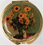 Zeeuws Meisje - zakspiegel - compact mirror met een vergrotende en een gewone spiegel - verguld met echt laagje goud - afbeelding zonnebloemen Claude Monet