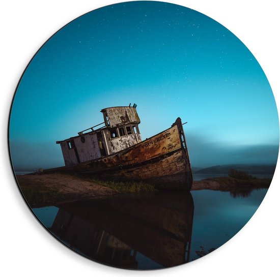 Foto: Dibond wandcirkel oud verroest schip tegen de avond 40x40cm foto op aluminium wandcirkel met ophangsysteem 