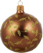 Doosje van 6 - Bruine Kerstballen van 8 cm met Gouden Blaadjes - van glas