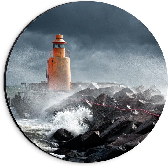 Dibond Wandcirkel - Storm bij Vuurtoren - 20x20cm Foto op Aluminium Wandcirkel (met ophangsysteem)