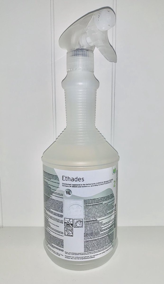 Goedkoopste Ethades Oppervlakte desinfectiemiddel 1 liter - Desinfectie & Hygiene / Op basis van 74 alcohol toelatingsnummers Nederland N-14065 - Belgie 7315B
