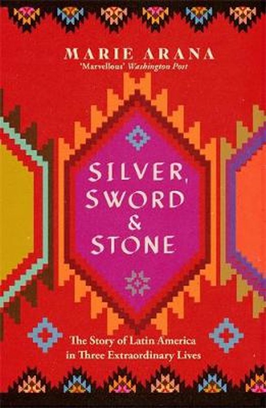 Boek kaft met geometrisch patroon in rood, oranje, paars, blauw en groen. Titel: Silver, Sword & Stone.
