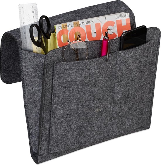 Relaxdays Bed organizer vilt - bedside pocket - opbergruimte bank - opbergtas aan bed - donkergrijs