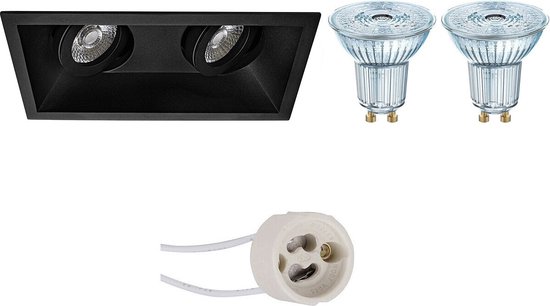 LED Spot Set - OSRAM Parathom PAR16 927 36D - Pragmi Zano Pro - GU10 Fitting - Dimbaar - Inbouw Rechthoek Dubbel - Mat Zwart - 3.7W - Warm Wit 2700K - Kantelbaar - 185x93mm