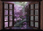 Tuindoek doorkijk door openslaand venster naar een mysterieus landschap - 130x95 cm - Tuinposter - Tuinposter doorkijkje – Doorkijk tuinposter - Tuinposter doorkijk xxl – Tuinposter buiten - Tuinschilderij